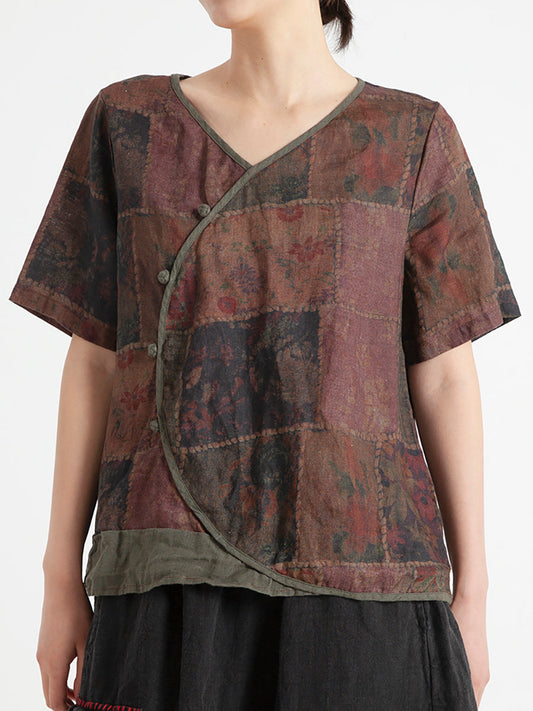 Camicia estiva da donna in lino vintage floreale
