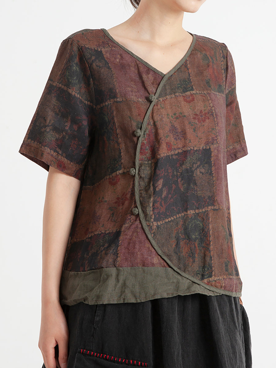 Camicia estiva da donna in lino vintage floreale
