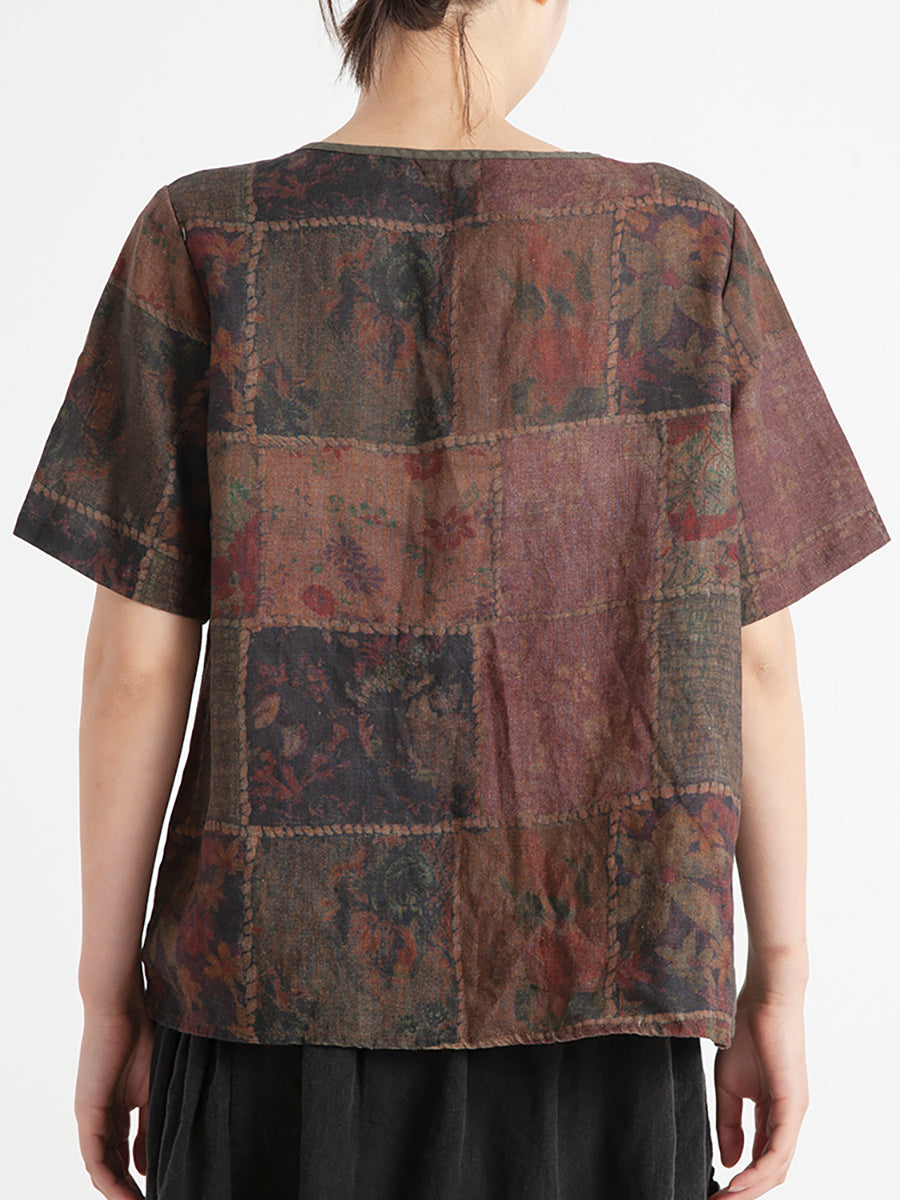 Camicia estiva da donna in lino vintage floreale
