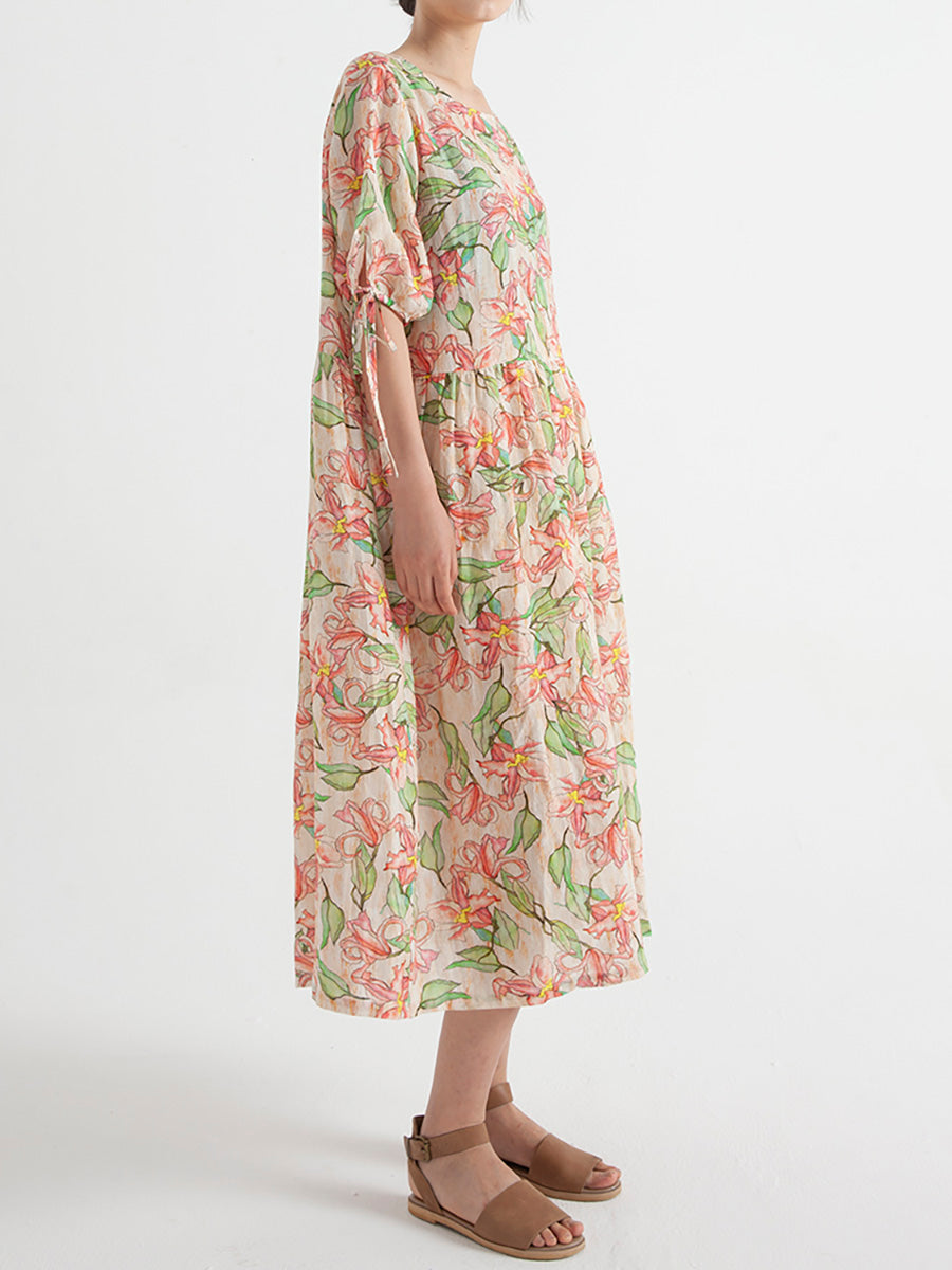 Floral Ramie Summer Short Sleeve Loose Dress