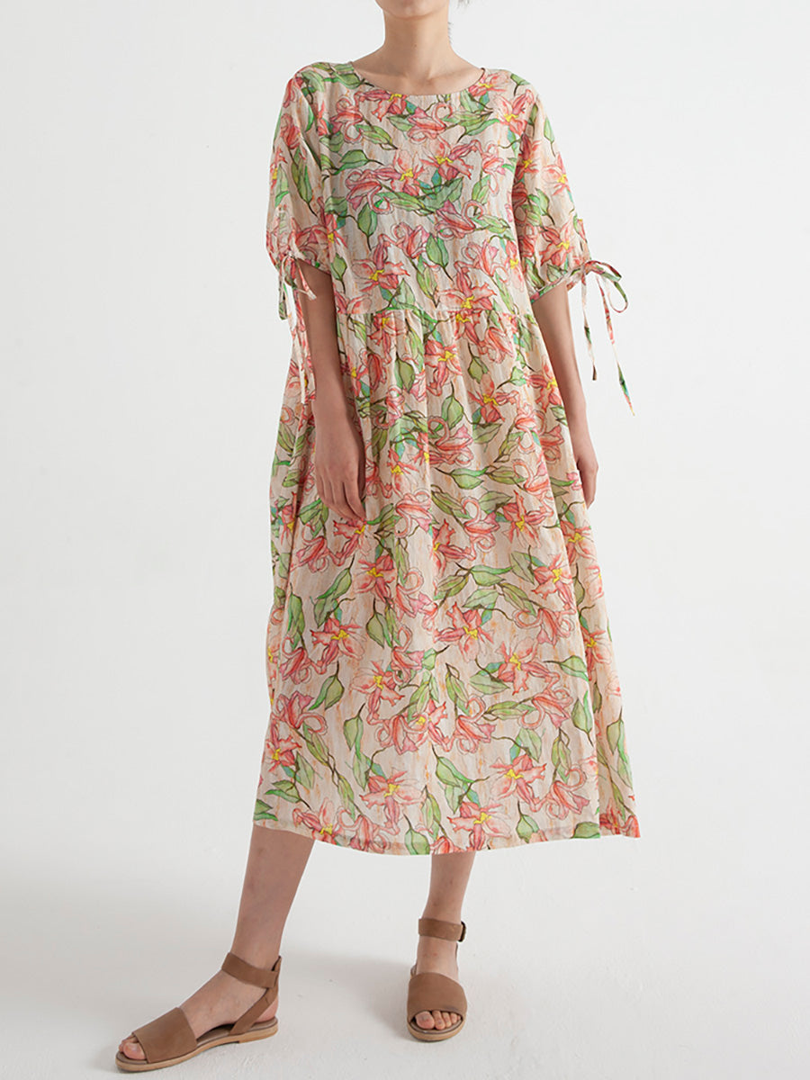 Floral Ramie Summer Short Sleeve Loose Dress