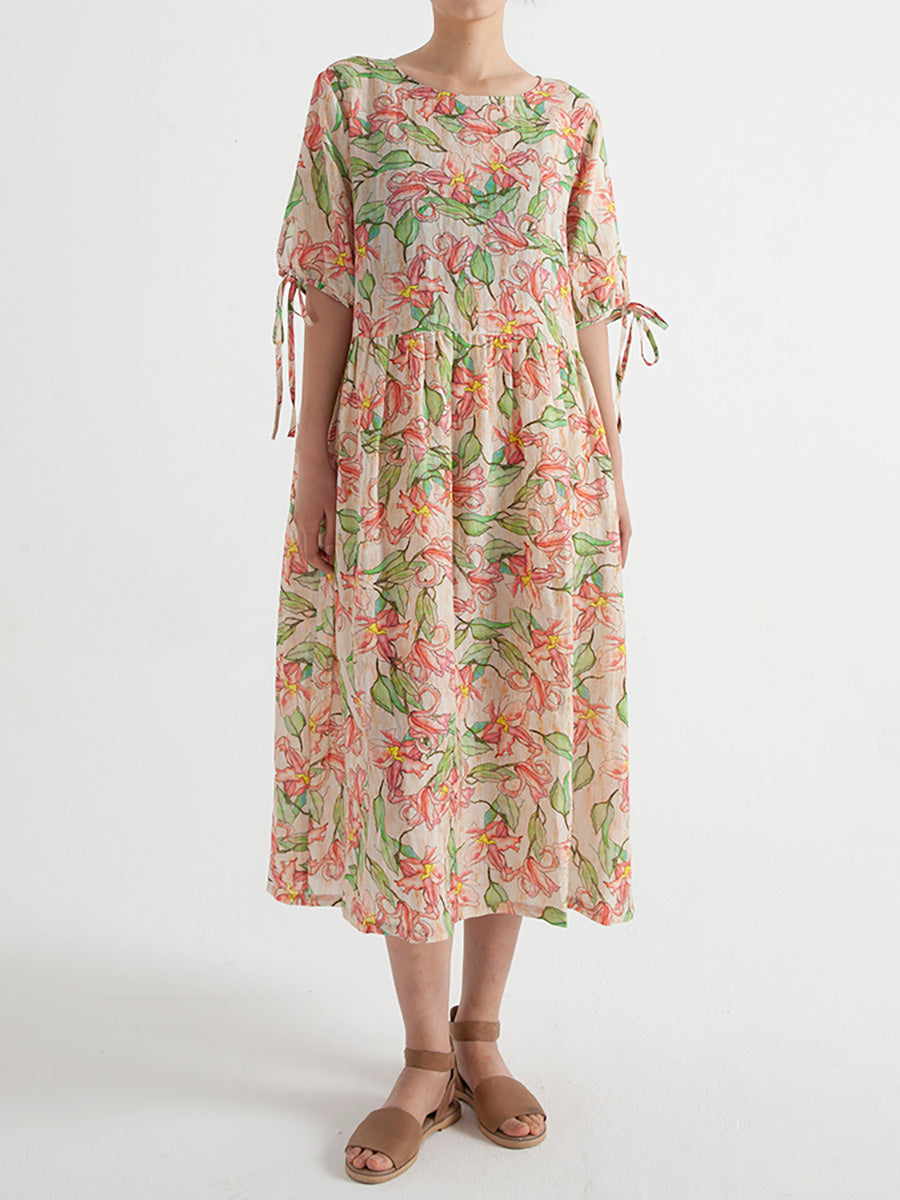 Floral Ramie Summer Short Sleeve Loose Dress