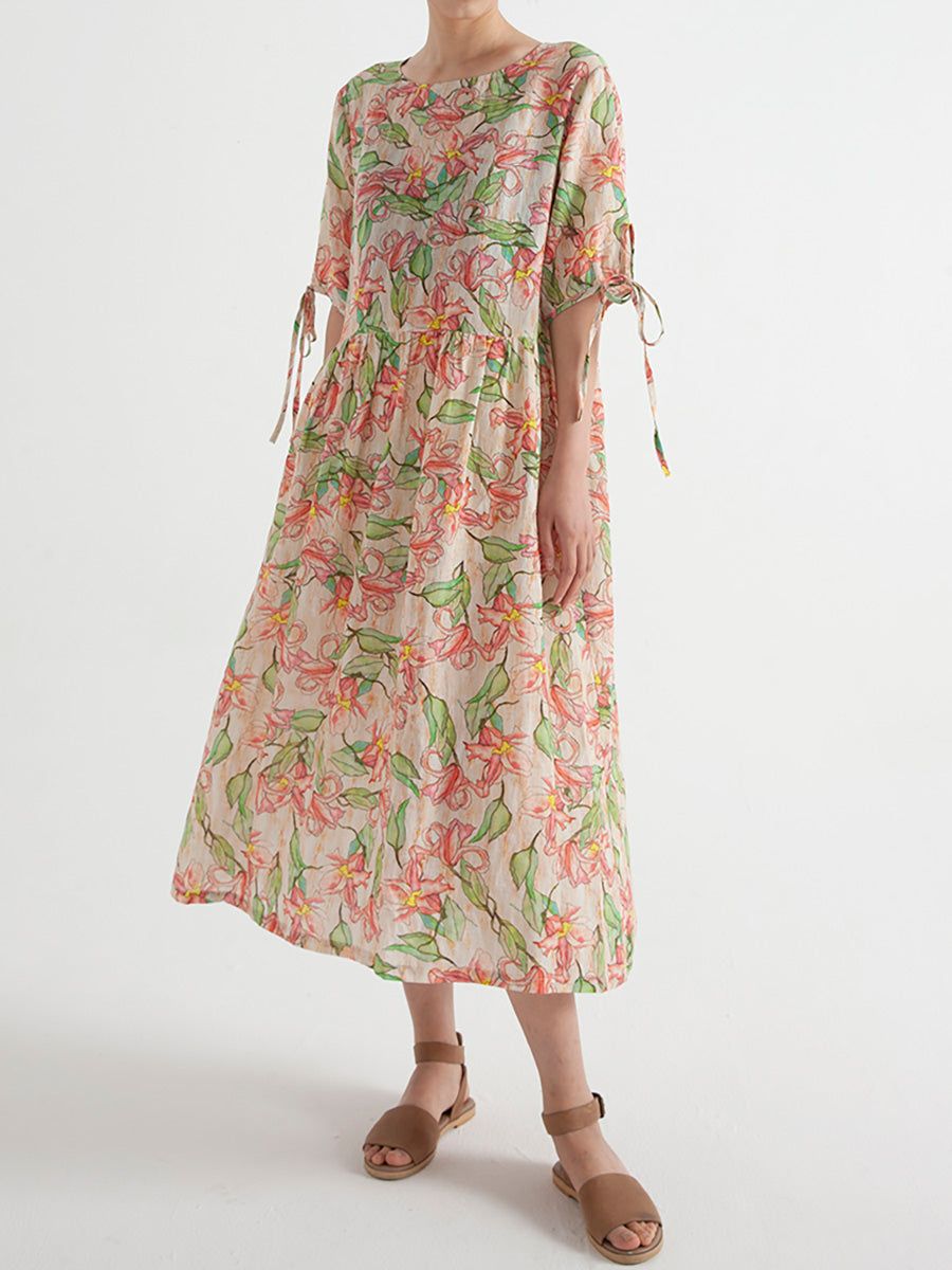 Floral Ramie Summer Short Sleeve Loose Dress