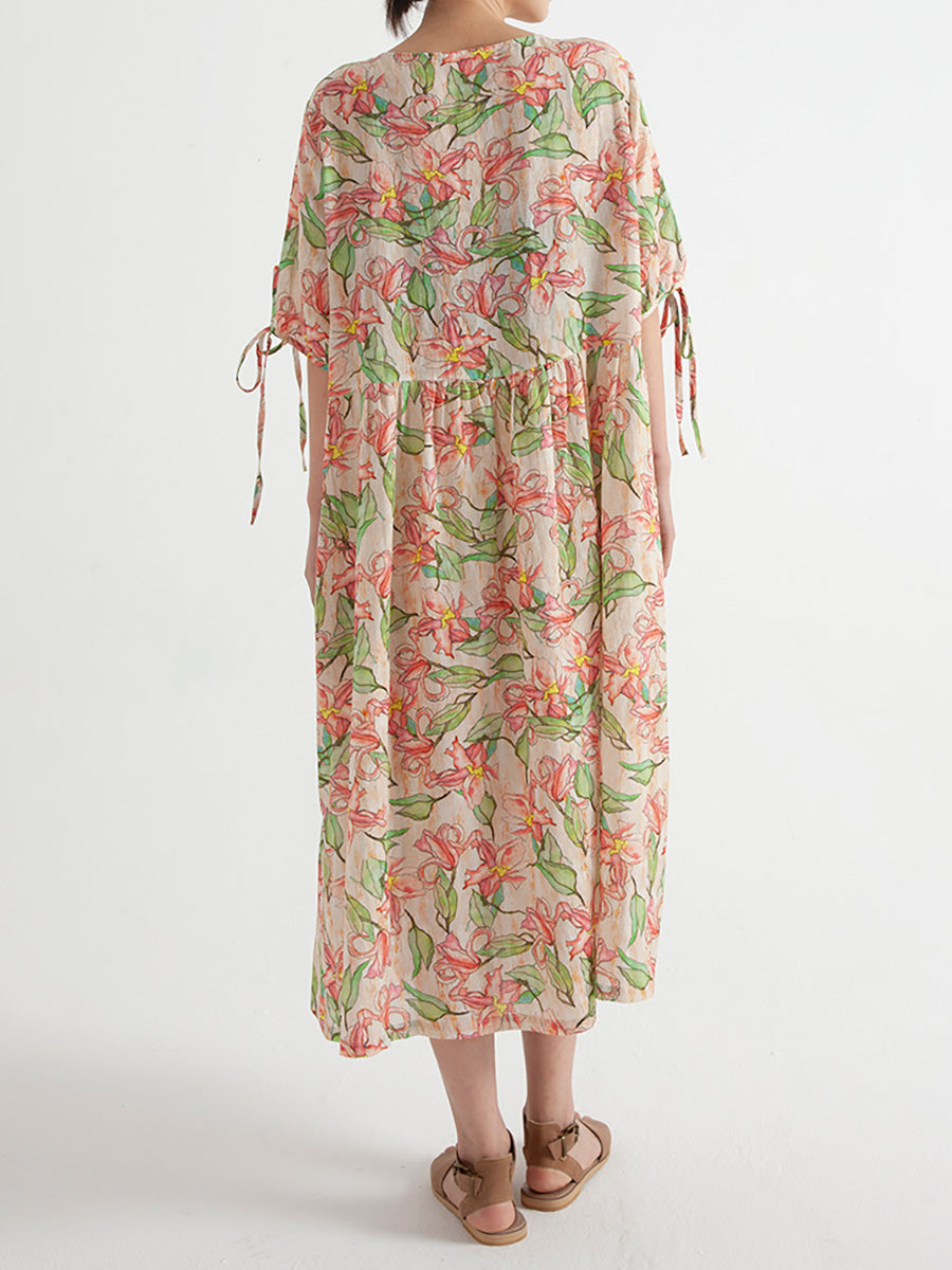 Floral Ramie Summer Short Sleeve Loose Dress