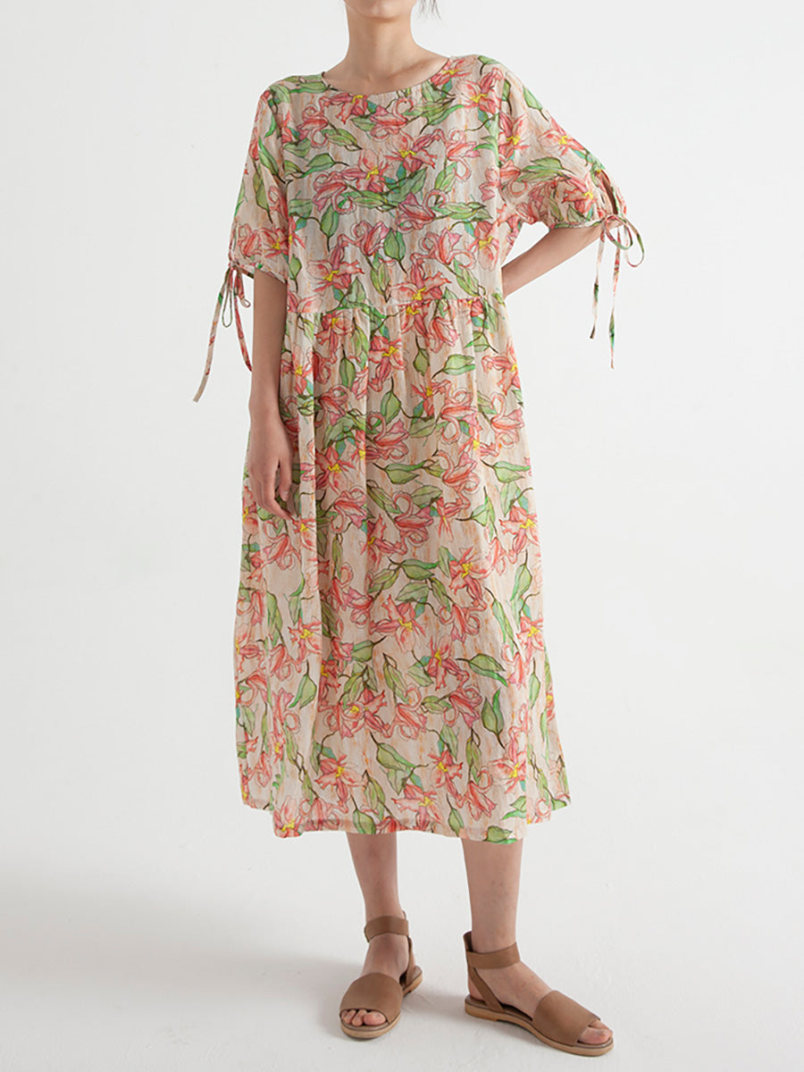 Floral Ramie Summer Short Sleeve Loose Dress