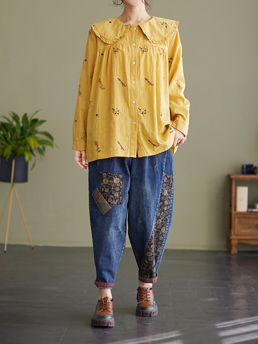 Chemise de printemps à manches longues en coton et lin pour femme