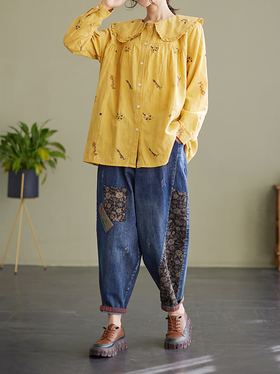 Chemise de printemps à manches longues en coton et lin pour femme