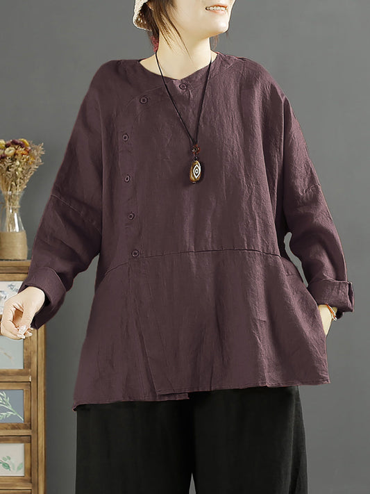 Camicia da donna in lino con chiusura inclinata vintage e tinta unita