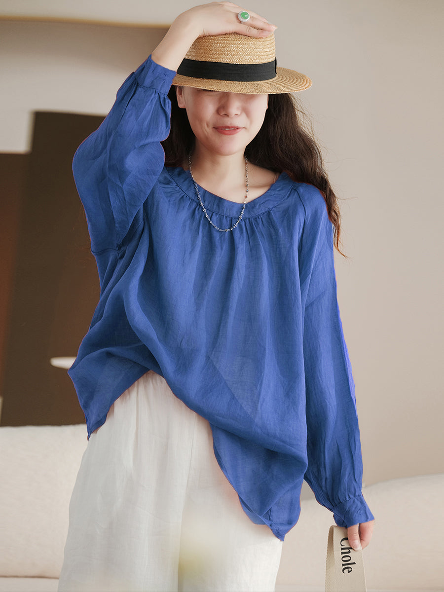 Camicia vintage estiva a maniche lunghe in ramiè da donna