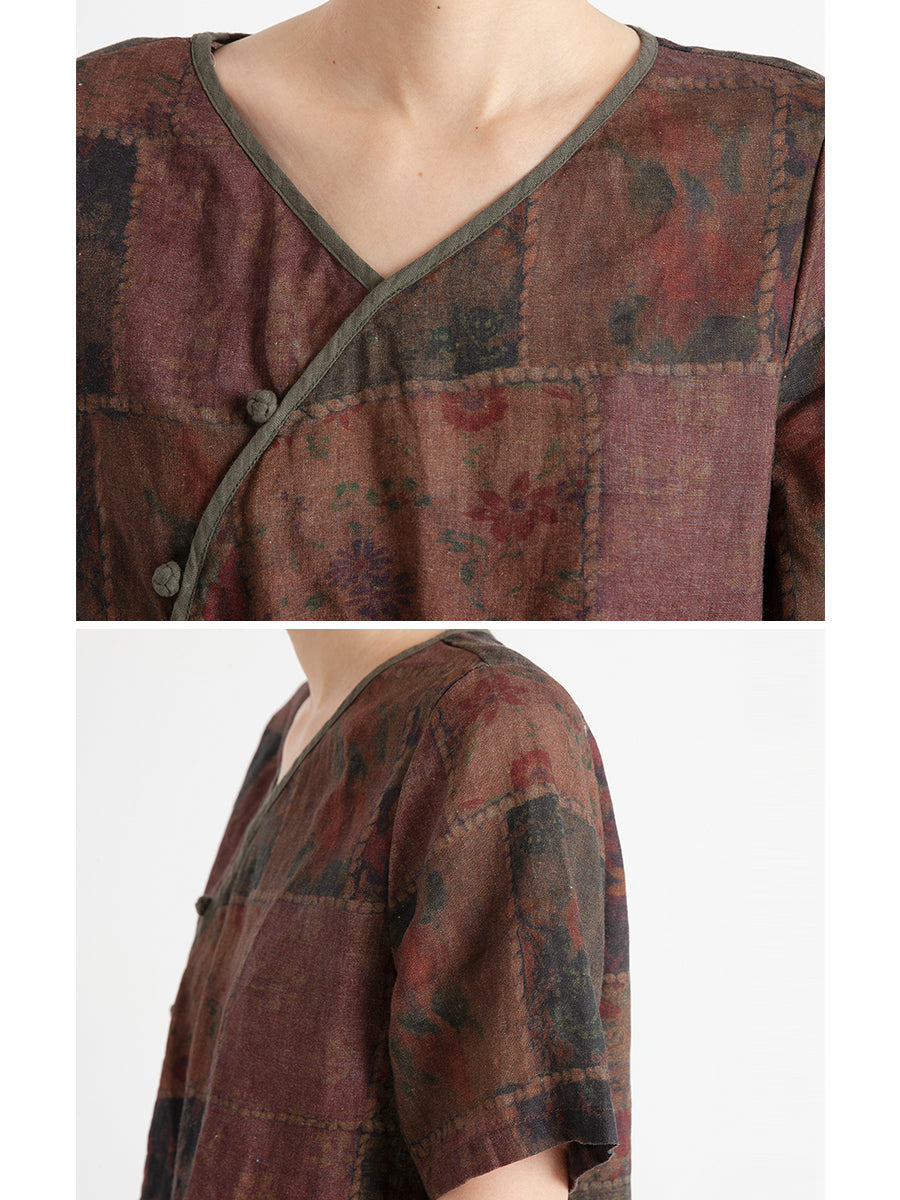Camicia estiva da donna in lino vintage floreale