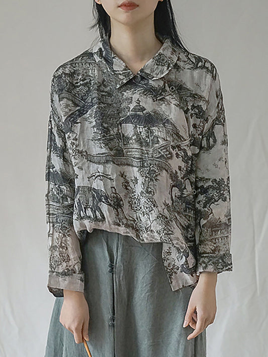 Camicia ampia da donna autunnale con motivo floreale vintage Ramie