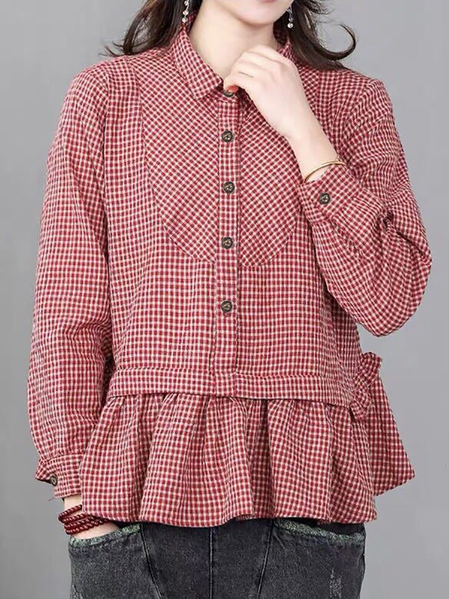 Camicia in cotone e lino con volant a quadri larghi