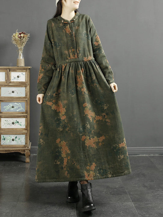 Abito da donna in cotone con stampa a foglia vintage autunnale