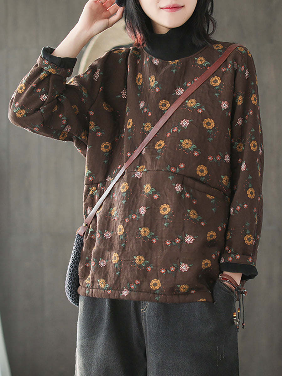 Camicia in cotone con collo a mezza altezza e fiore vintage