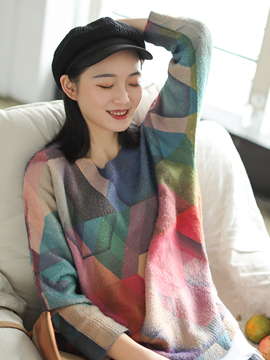Maglione largo vintage da donna con geometria autunnale