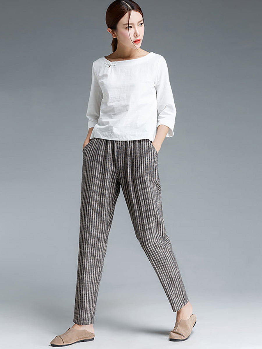 Pantaloni da donna in cotone e lino a righe