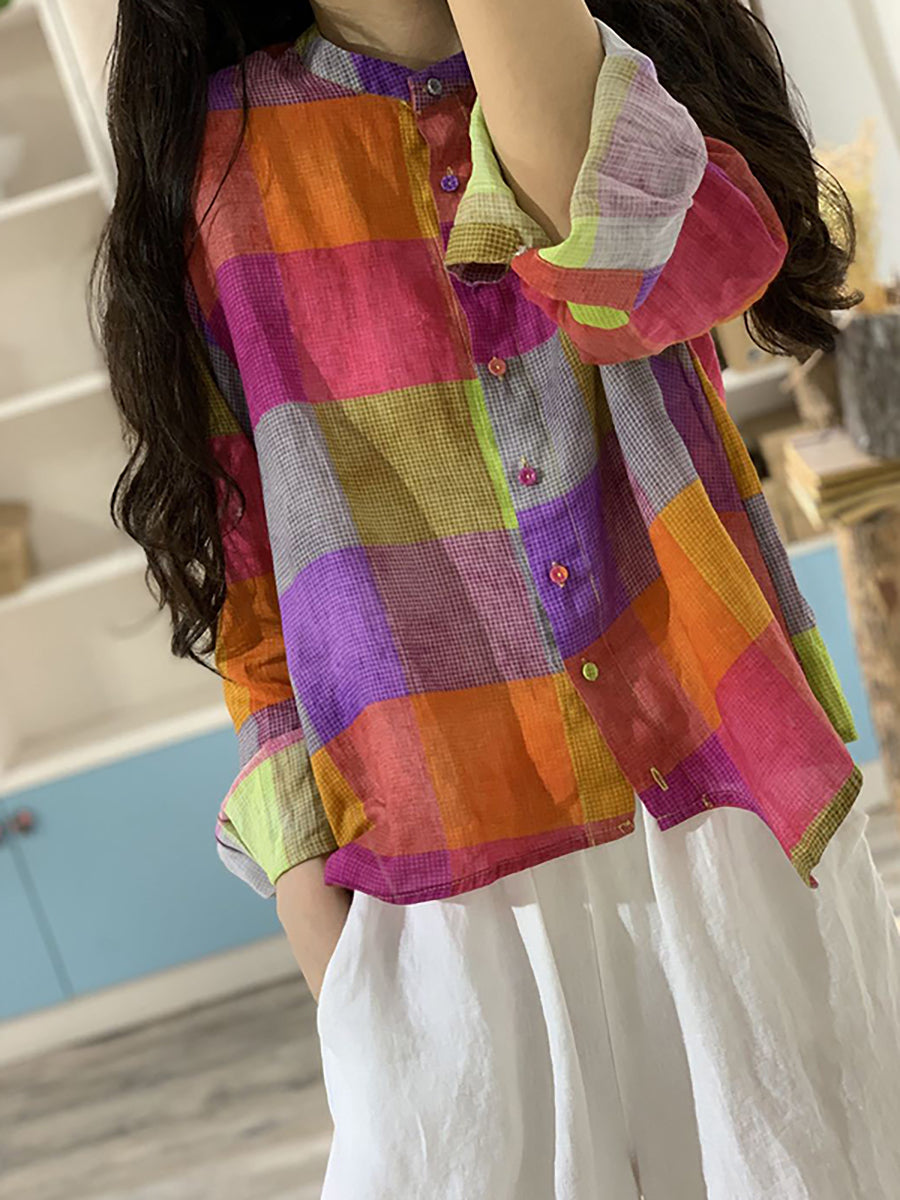 Camicia con bottoni in ramiè a quadri irregolari