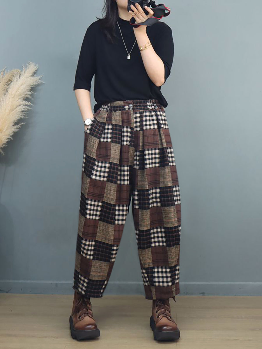 Pantaloni harem a quadri vintage autunnali da donna