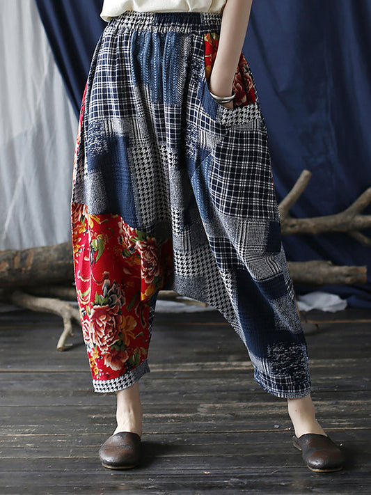 Pantaloni casual elastici in vita con motivo a quadri patchwork da donna