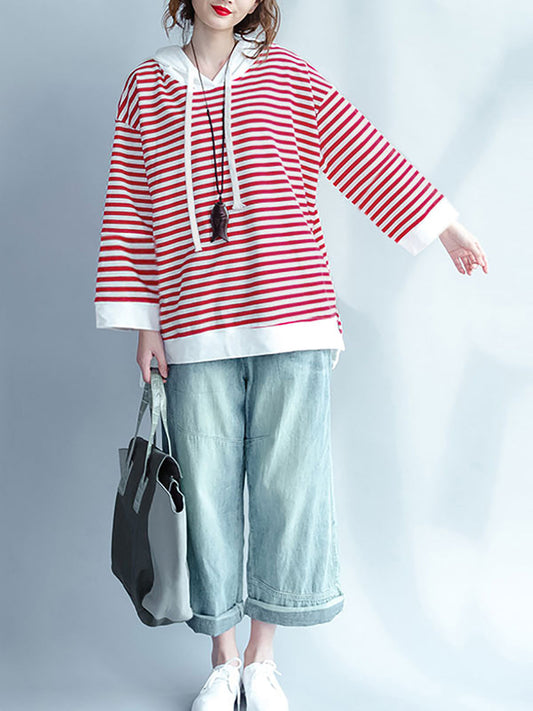 Maglietta rossa con cappuccio a righe casual primaverili da donna