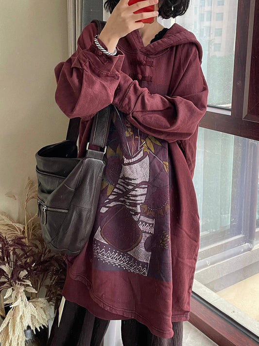 Felpa lunga con cappuccio e motivo floreale vintage da donna