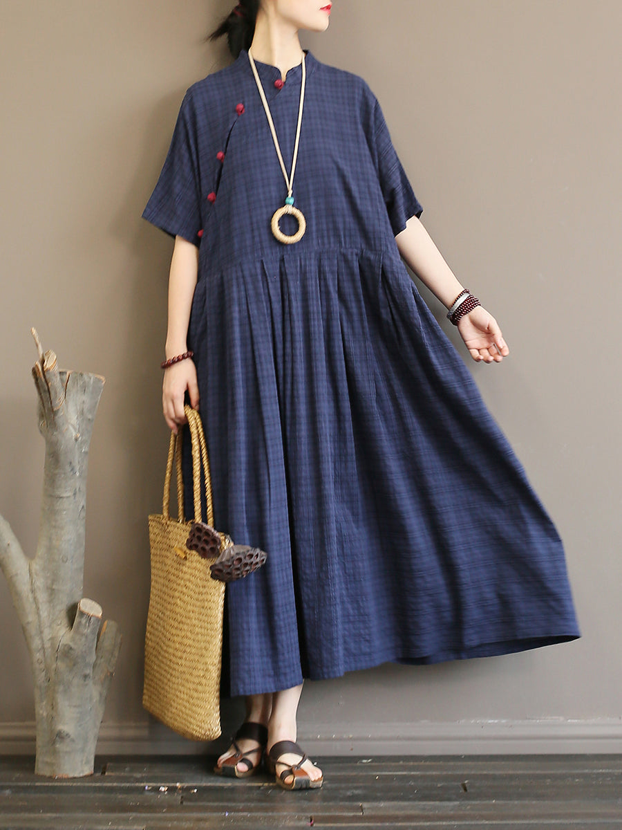 Pleated Plaid Vintage Women Chinese Style Dress