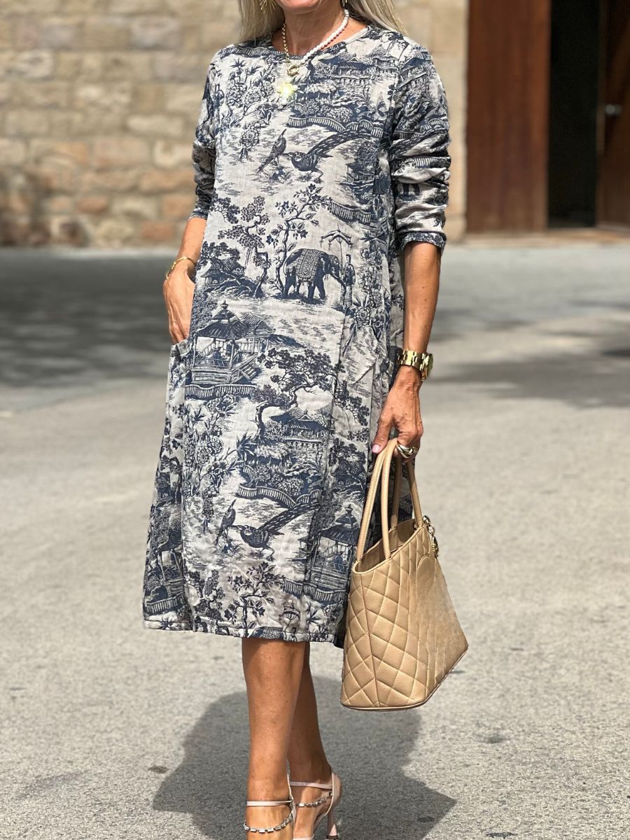 Abito lungo da donna con stampa floreale in cotone vintage casual e ampio