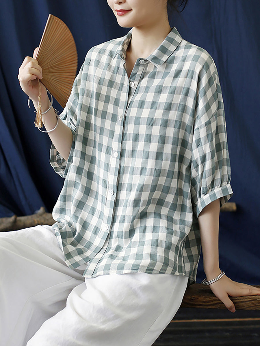 Camicia da donna vintage a quadri estivi in ​​lino