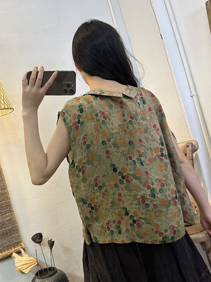 Camicia vintage estiva da donna con bottoni a forma di fiore in ramiè
