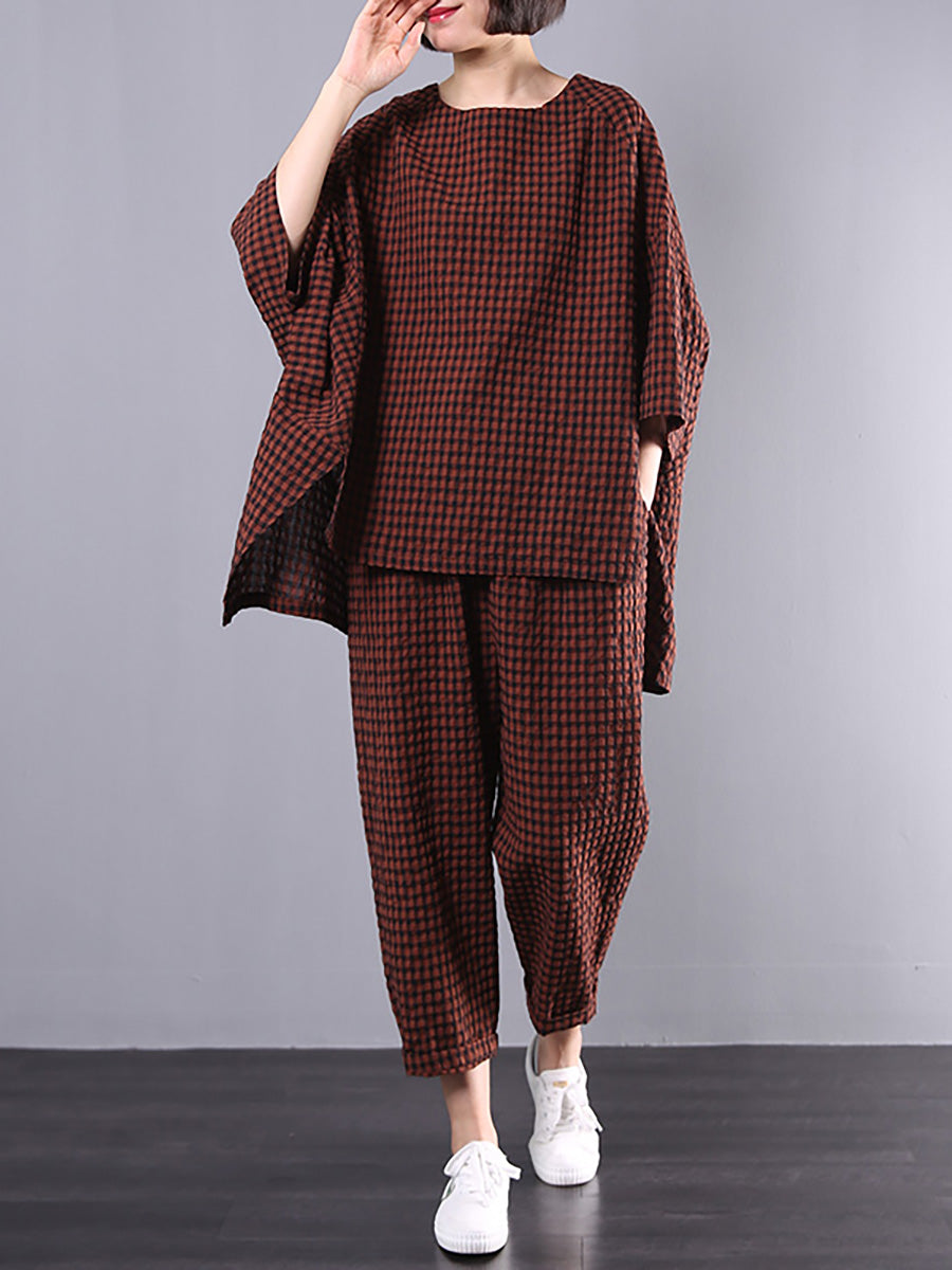 Blusa e pantaloni retrò in cotone e lino a quadri