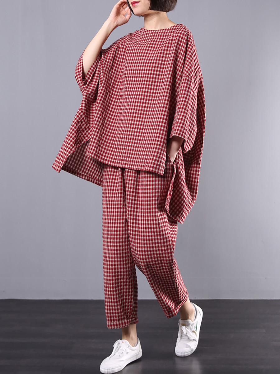 Blusa e pantaloni retrò in cotone e lino a quadri