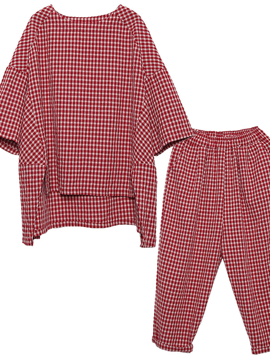 Blusa e pantaloni retrò in cotone e lino a quadri