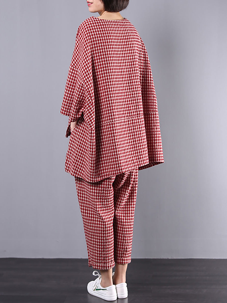 Blusa e pantaloni retrò in cotone e lino a quadri