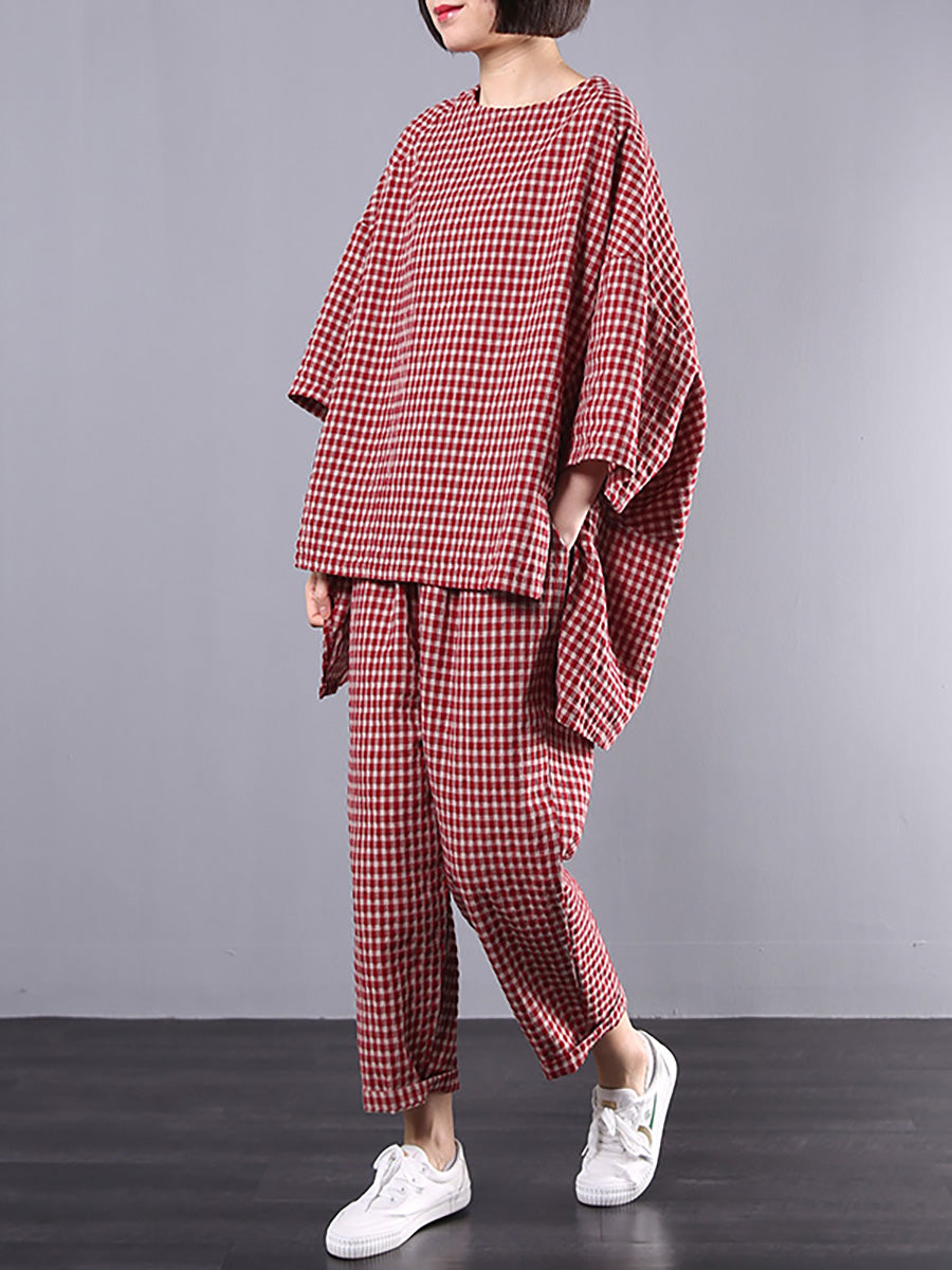 Blusa e pantaloni retrò in cotone e lino a quadri
