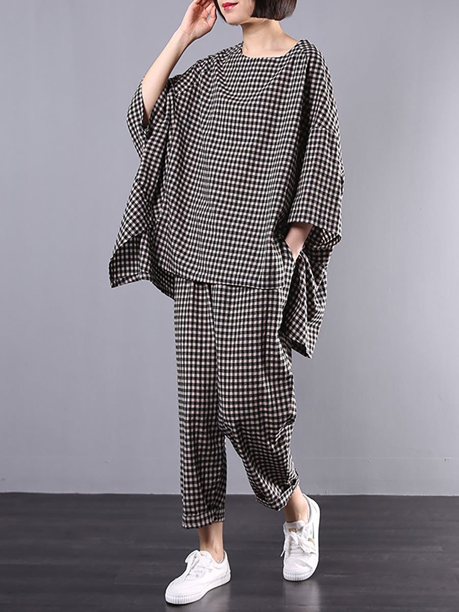 Blusa e pantaloni retrò in cotone e lino a quadri