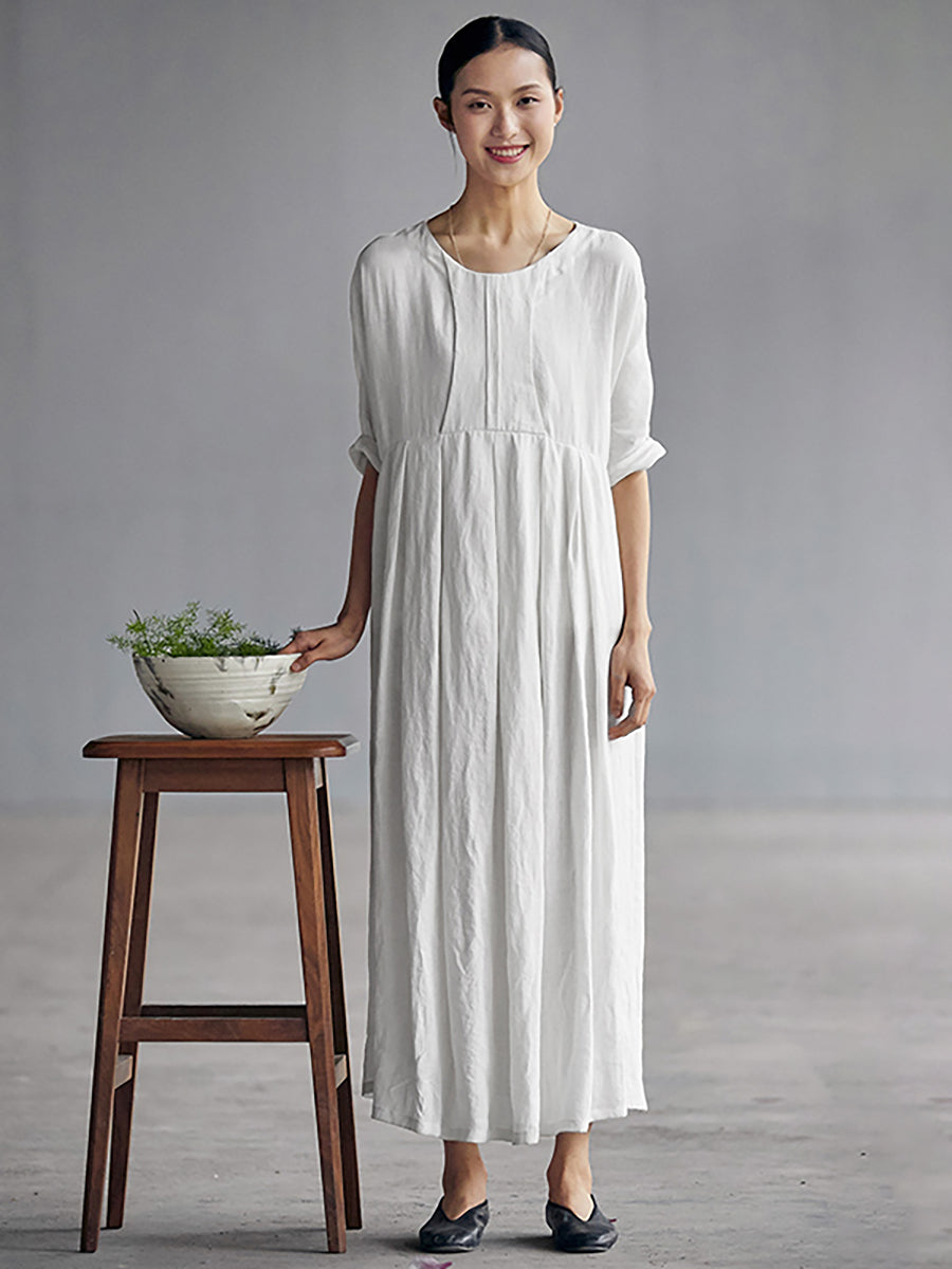 Chinese Style Elegant Pleated Loose Linen Dress