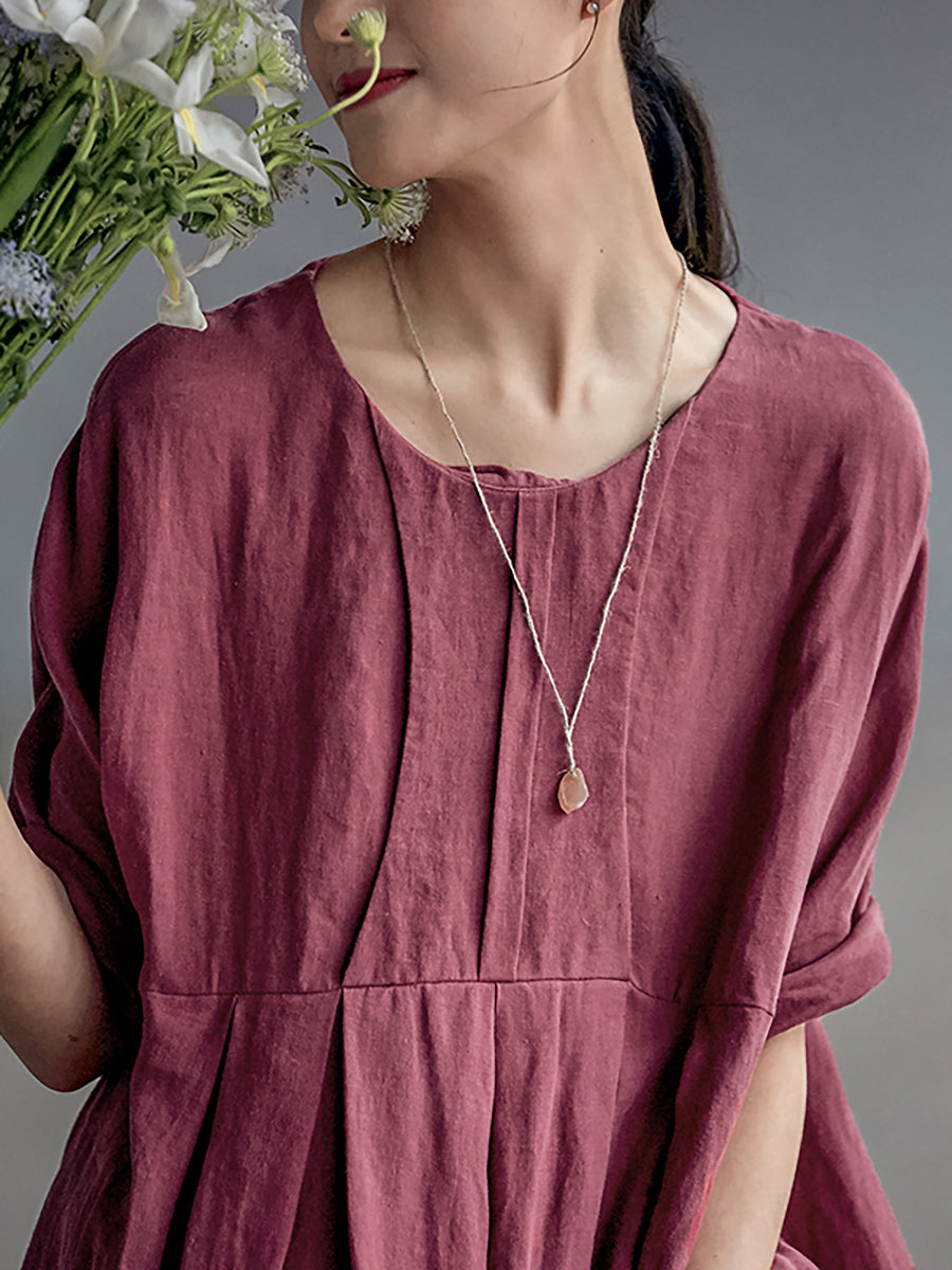 Chinese Style Elegant Pleated Loose Linen Dress