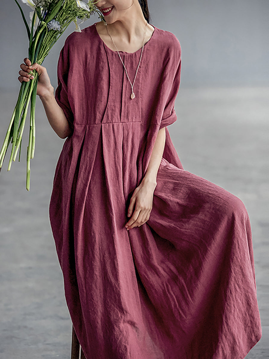 Chinese Style Elegant Pleated Loose Linen Dress