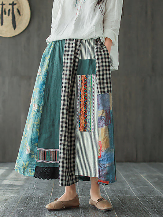 Gonna Aline in lino casual con stampa irregolare e cuciture