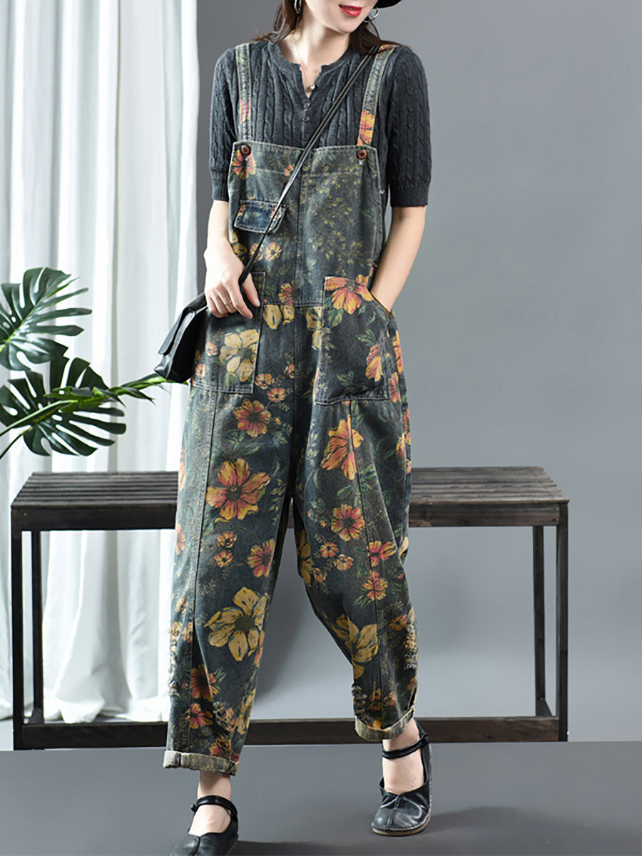 Salopette in denim casual con stampa floreale in cotone