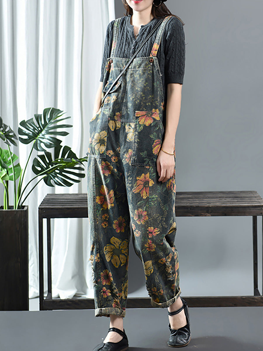 Salopette in denim casual con stampa floreale in cotone