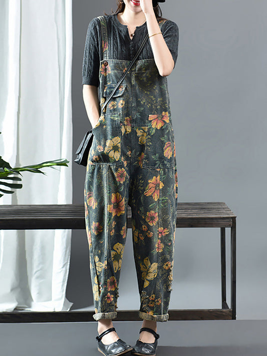 Salopette in denim casual con stampa floreale in cotone