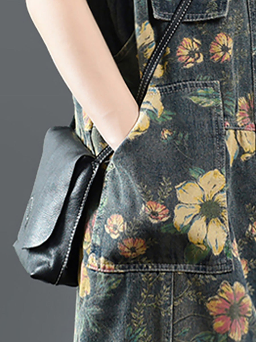 Salopette in denim casual con stampa floreale in cotone