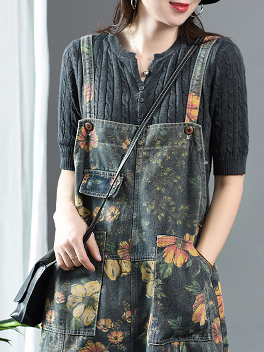 Salopette in denim casual con stampa floreale in cotone
