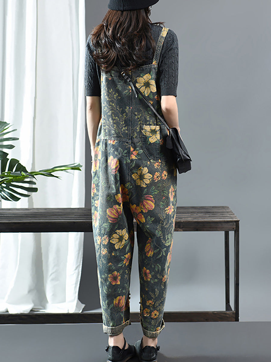 Salopette in denim casual con stampa floreale in cotone