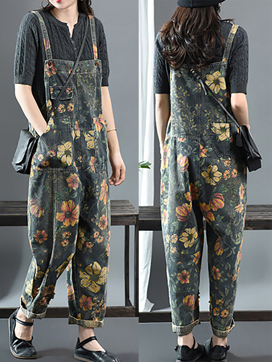 Salopette in denim casual con stampa floreale in cotone