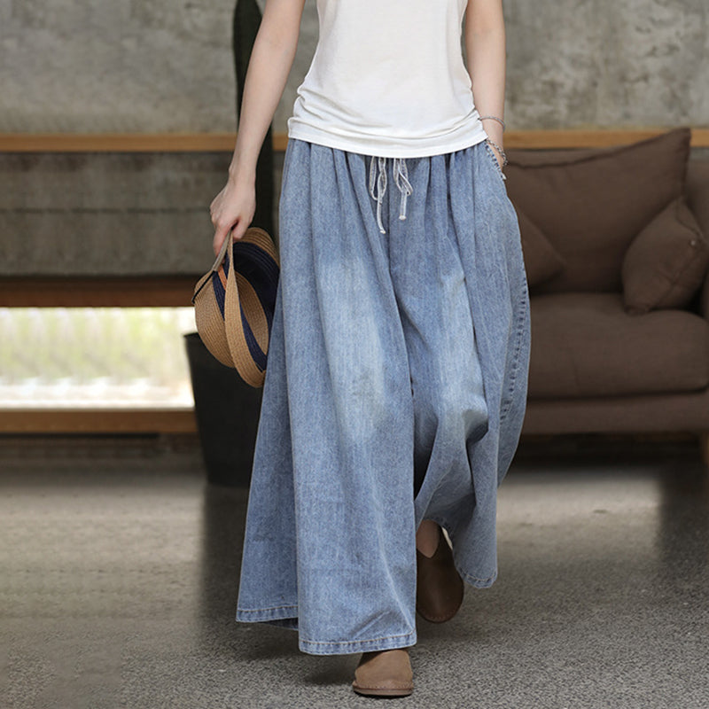 Pantalon large en denim bleu décontracté avec cordon de serrage