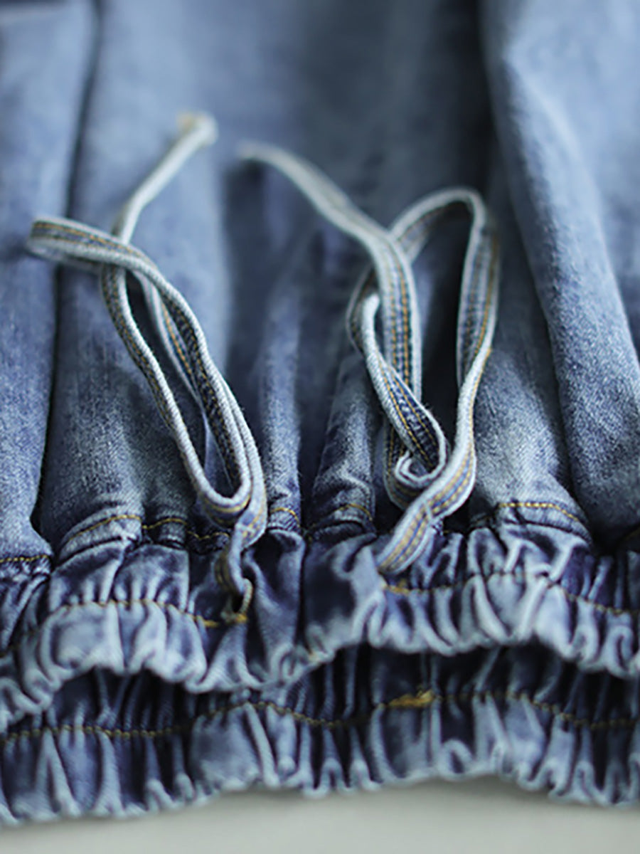 Pantalon large en denim bleu décontracté avec cordon de serrage