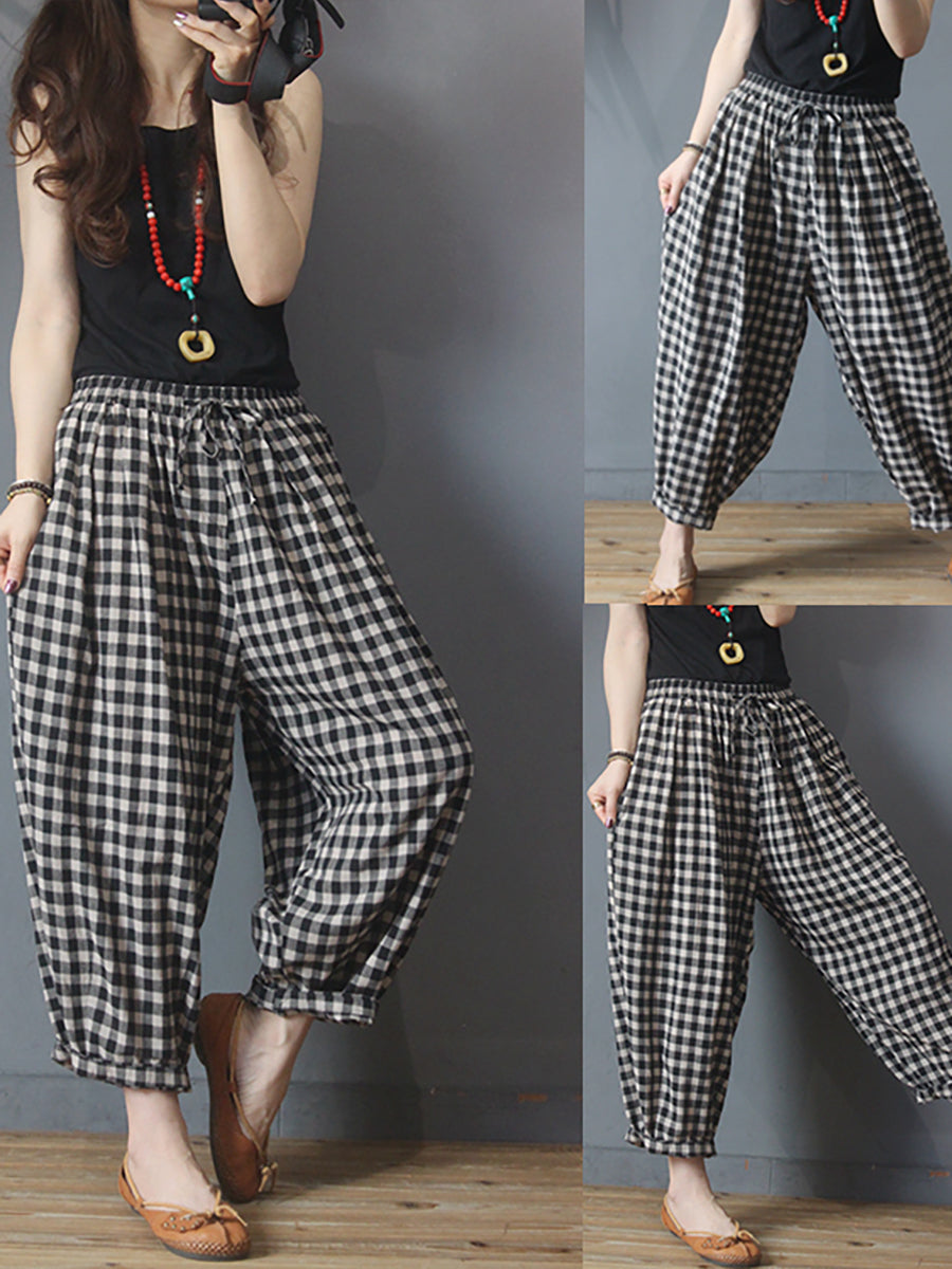 Pantalon sarouel d'été en coton et lin avec cordon de serrage à carreaux