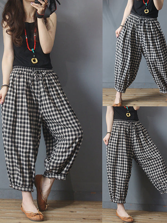 Pantaloni harem in lino e cotone con coulisse a quadri estivi